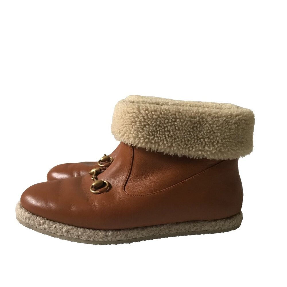 NWOB Gucci Fria Horsebit Ankle Boots Womens 41 10 Brown Leather Sherpa Lined NEW - Picture 6 of 13